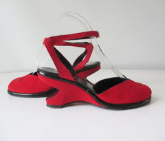 RESERVED • Vintage 50's Red Atomic Wedge Heels & Matching Bucket Bag Purse 6.5 - Bombshell Bettys Vintage