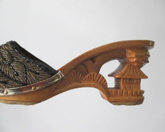 Vintage 40's Style Gold Beaded Souvenir Carved Wood Heels Shoes 9 - Bombshell Bettys Vintage