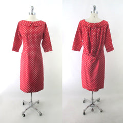Vintage 50s Red Polka Dot Blouson Back Sheath Dress M