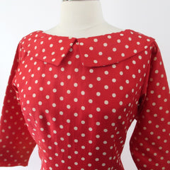 Vintage 50s Red Polka Dot Blouson Back Sheath Dress M