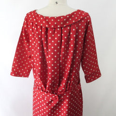 Vintage 50s Red Polka Dot Blouson Back Sheath Dress M