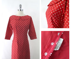 Vintage 50s Red Polka Dot Blouson Back Sheath Dress M