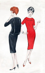 Vintage 50s Red Polka Dot Blouson Back Sheath Dress M