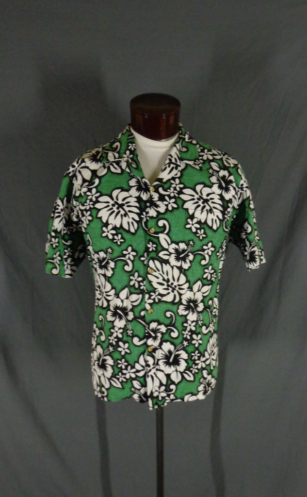 Vintage 80s Green RJC  Barkcloth Hibiscus Print Hawaiian Shirt  XL - Bombshell Bettys Vintage