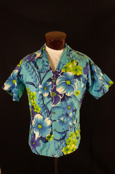 Vintage 50s 60s Blue Paradise Hawaii Floral Print Hawaiian Shirt