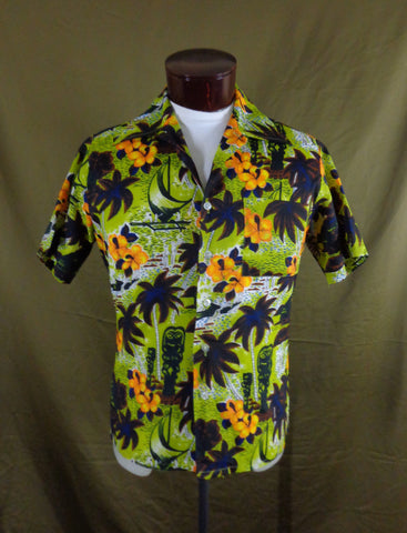 Vintage 70s Waikiki 76 Green Tiki Beach Print Hawaiian Aloha Shirt L