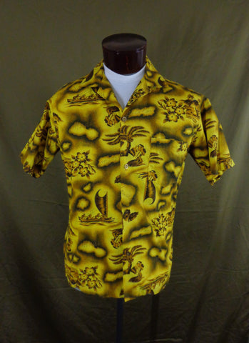 Vintage 50s Prince Kuhio Yellow Hawaiian Islands Aloha Shirt M