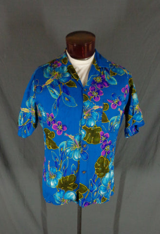 Vintage 60s Ahi Nani Blue Floral Print Hawaiian Aloha Shirt 48