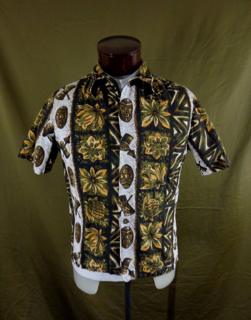 Vintage 60s Ui-Maikai Tribal Tiki Print Hawaiian Aloha Shirt 46 - Bombshell Bettys Vintage