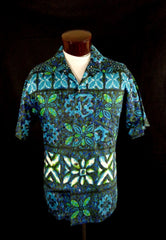 Vintage Mid Century Blue Likeke Tribal Style Floral Print Hawaiian Shirt 48 - Bombshell Bettys Vintage
