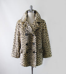 Vintage 60's Faux Fur Leoprd Print Peacoat Pea Jacket M / L - Bombshell Bettys Vintage
