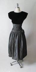 Vintage 80's Black Velvet Silver Taffeta Rosette Party Dress M - Bombshell Bettys Vintage
