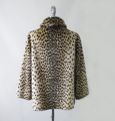 Vintage 60's Faux Fur Leoprd Print Peacoat Pea Jacket M / L - Bombshell Bettys Vintage