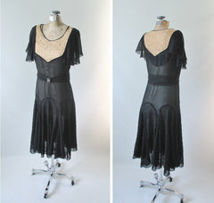 Vintage 20's  Black Chiffon and Natural / Ecru Lace Flapper Dress - Bombshell Bettys Vintage