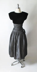 Vintage 80's Black Velvet Silver Taffeta Rosette Party Dress M - Bombshell Bettys Vintage