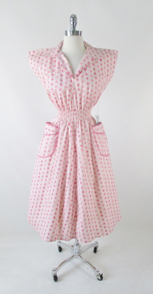 Vintage 50's Pink Roses Full Skirt Day / House Dress New Old Stock M - Bombshell Bettys Vintage