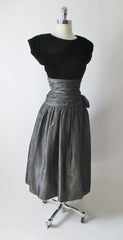 Vintage 80's Black Velvet Silver Taffeta Rosette Party Dress M - Bombshell Bettys Vintage