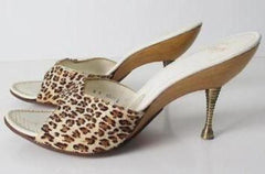 • Vintage 50's 60's Leopard Sculpted Metal Heel Atomic Wood Kitten Heels Shoes 8 - Bombshell Bettys Vintage