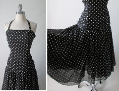 Vintage 50's Inspired 80's Black White Polka Dot Full Skirt Halter Dress M - Bombshell Bettys Vintage