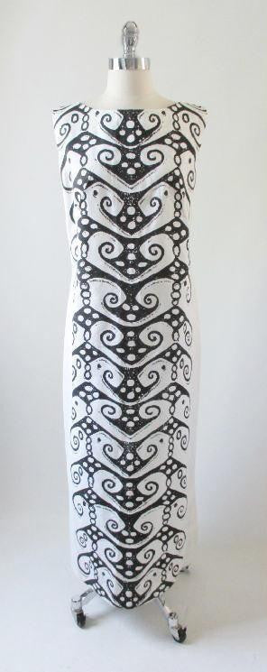 Vintage 60's Wild Black White Op Art MOD Full Length Hawaiian Shift Maxi Dress L - Bombshell Bettys Vintage