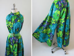 • Vintage 60's Bold Hawaiian Wide Leg Ankle Sweeper Palazzo Pants Jumpsuit M - Bombshell Bettys Vintage