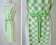 Vintage 60's Lime Green MOD Block Checkerboard Stripe Knit Sweater Shift Dress M - Bombshell Bettys Vintage