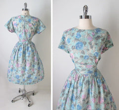 Vintage 50's Aqua Pink Blue Rose Buckle Back Full Swing Skirt Tea Party Dress M - Bombshell Bettys Vintage