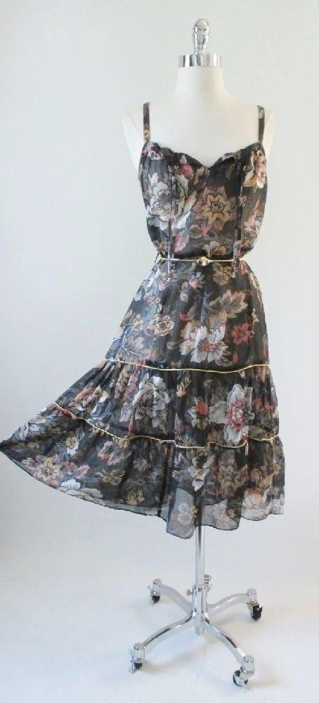 • Vintage 70's Sheer Black Tapestry Flower Summer Sun Dress M - Bombshell Bettys Vintage