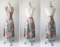 • 40's 70's Roses Barkcloth High Waist Skirt Halter Vest Top Dress 2 Piece Set XS - Bombshell Bettys Vintage