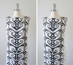 Vintage 60's Wild Black White Op Art MOD Full Length Hawaiian Shift Maxi Dress L - Bombshell Bettys Vintage