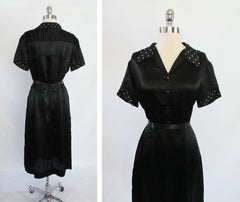 Vintage 30's Black Satin White Polka Dot Rayon Day Dress L - Bombshell Bettys Vintage