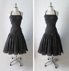 Vintage 50's Inspired 80's Black White Polka Dot Full Skirt Halter Dress M - Bombshell Bettys Vintage