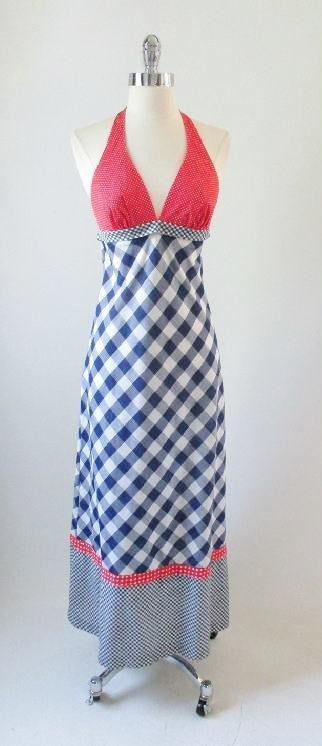 • Vintage 70's Gingham Plaid & Polka Dot Red White Blue Halter Dress XS - Bombshell Bettys Vintage