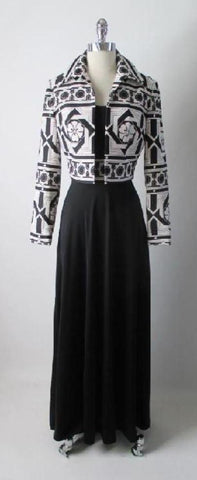 Vintage 70's Black White Tori Richards Op Art MOD Flower Hawaiian Dress Jacket Set M