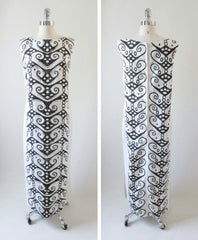 Vintage 60's Wild Black White Op Art MOD Full Length Hawaiian Shift Maxi Dress L - Bombshell Bettys Vintage