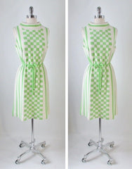 Vintage 60's Lime Green MOD Block Checkerboard Stripe Knit Sweater Shift Dress M - Bombshell Bettys Vintage