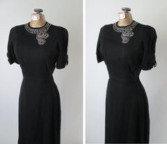 Vintage 40's Black Rayon Rhinestone Bustle Back Evening Party Dress NOS S - Bombshell Bettys Vintage