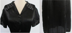 Vintage 30's Black Satin White Polka Dot Rayon Day Dress L - Bombshell Bettys Vintage