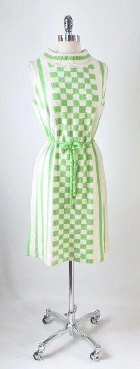 Vintage 60's Lime Green MOD Block Checkerboard Stripe Knit Sweater Shift Dress M - Bombshell Bettys Vintage