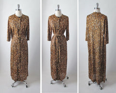 Vintage 60's Fredericks Of Hollywood Jungle Jersey Leopard Robe Dressing Gown S - Bombshell Bettys Vintage
