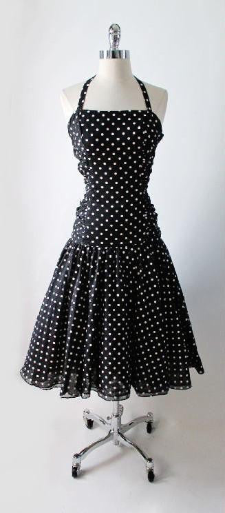Vintage 50's Inspired 80's Black White Polka Dot Full Skirt Halter Dress M - Bombshell Bettys Vintage
