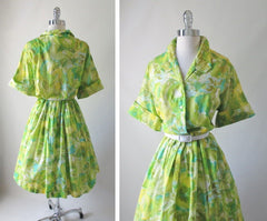 Vintage 50's Abstract Floral Full Skirt Shirtwaist Day Dress 48 37 XL XXL - Bombshell Bettys Vintage