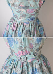 Vintage 50's Aqua Pink Blue Rose Buckle Back Full Swing Skirt Tea Party Dress M - Bombshell Bettys Vintage