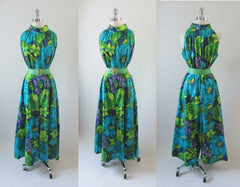 • Vintage 60's Bold Hawaiian Wide Leg Ankle Sweeper Palazzo Pants Jumpsuit M - Bombshell Bettys Vintage