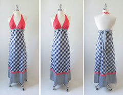 • Vintage 70's Gingham Plaid & Polka Dot Red White Blue Halter Dress XS - Bombshell Bettys Vintage