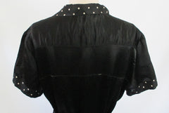 Vintage 30's Black Satin White Polka Dot Rayon Day Dress L - Bombshell Bettys Vintage
