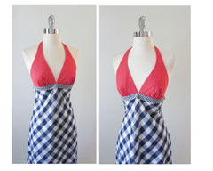 • Vintage 70's Gingham Plaid & Polka Dot Red White Blue Halter Dress XS - Bombshell Bettys Vintage
