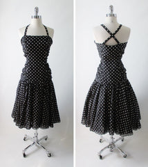 Vintage 50's Inspired 80's Black White Polka Dot Full Skirt Halter Dress M - Bombshell Bettys Vintage