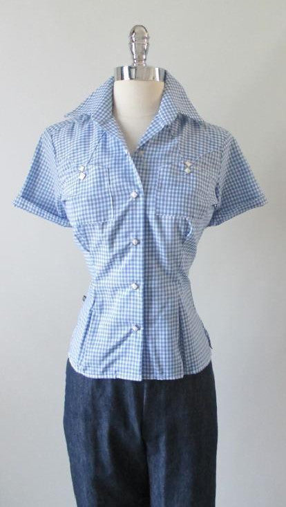 Blue White Gingham Authentic 50's Style Rockmount Western Top Shirt Blouse S - Bombshell Bettys Vintage