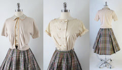 • Vintage 50's Plaid Full Swing Skirt Matching Blouse Top Sweater Girl Set S - Bombshell Bettys Vintage
